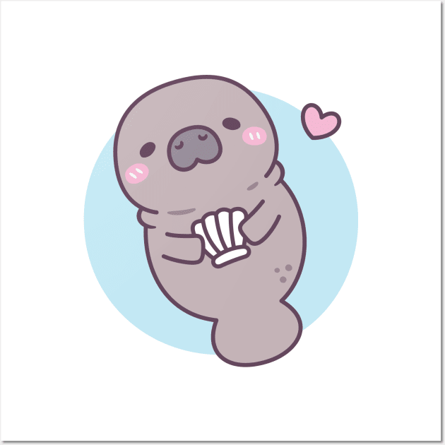 Cute Manatee Holding Seashell Wall Art by rustydoodle